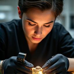 Portrait of a metalsmith focusing on a delicate gold component