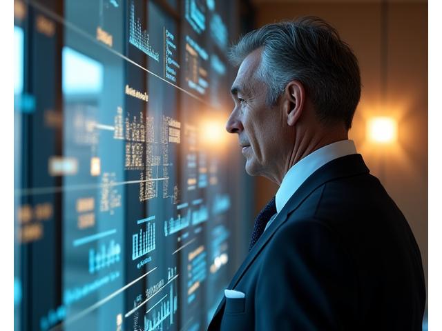 Sophisticated man analyzing data on a holographic display, representing market trends in luxury tech