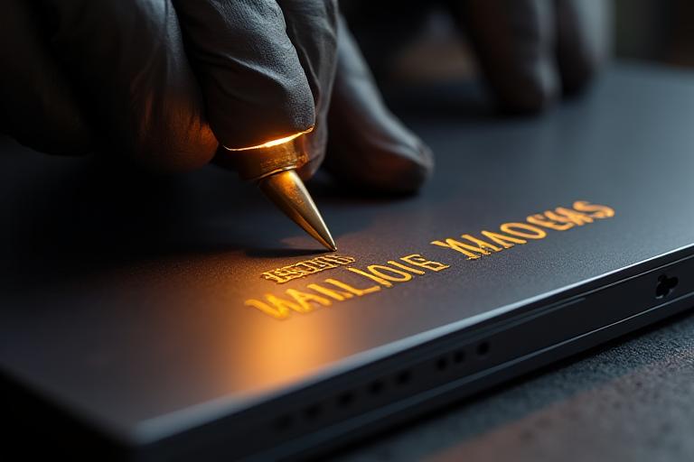 Hand meticulously engraving a small logo onto a laptop chassis, showing precision and detail