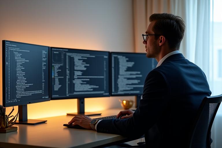 Man working efficiently on a laptop with multiple external monitors in a sophisticated home office