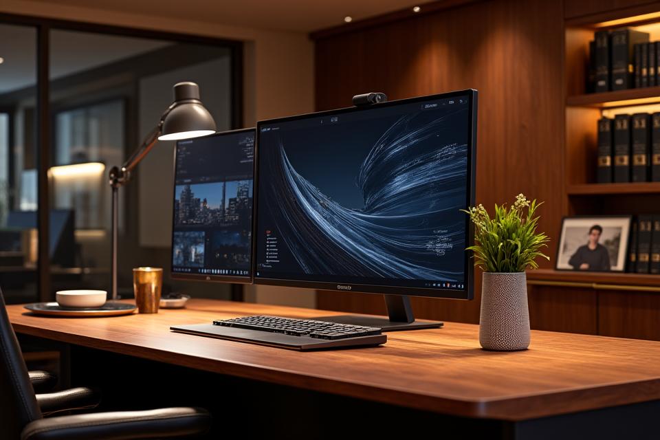 Elegant home office with sleek, integrated technology and luxurious furnishings.