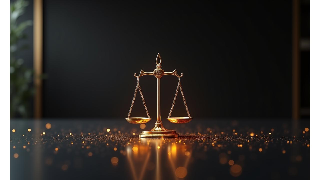 Golden scales of justice with abstract tech elements, symbolizing balance and modern legal framework.