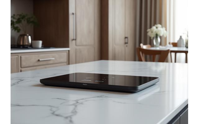 A sleek home automation hub and a premium tablet on a marble countertop in a modern luxury home
